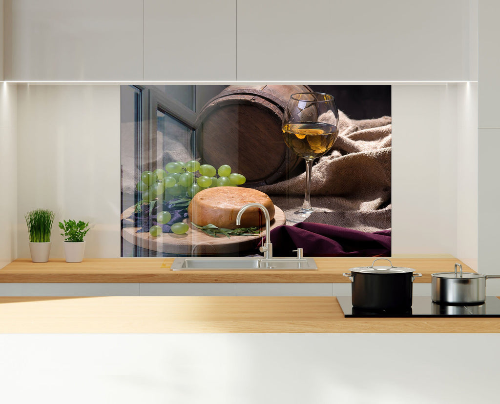 Rustic Wine & Cheese Glass Kitchen Backsplash – Barrel & Grapes-BacksplashArtworks