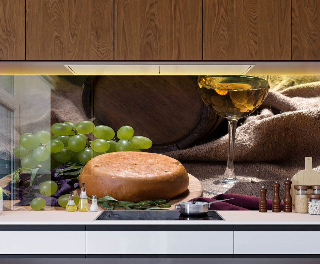 Rustic Wine & Cheese Glass Kitchen Backsplash – Barrel & Grapes-BacksplashArtworks