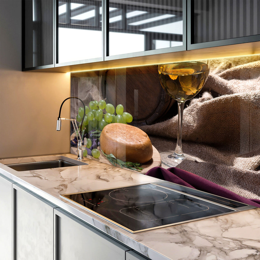 Rustic Wine & Cheese Glass Kitchen Backsplash – Barrel & Grapes-BacksplashArtworks