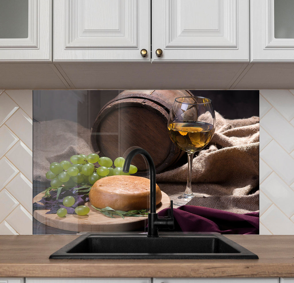 Rustic Wine & Cheese Glass Kitchen Backsplash – Barrel & Grapes-BacksplashArtworks