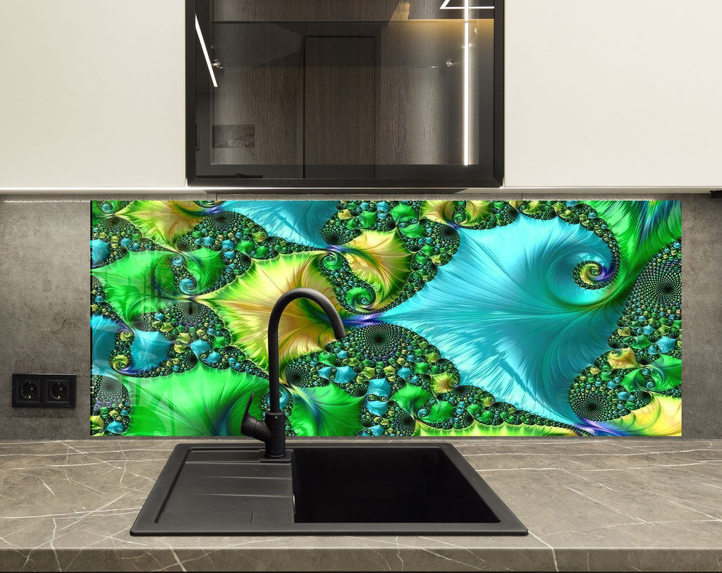 Green Fractal Tempered Glass Backsplash-BacksplashArtworks