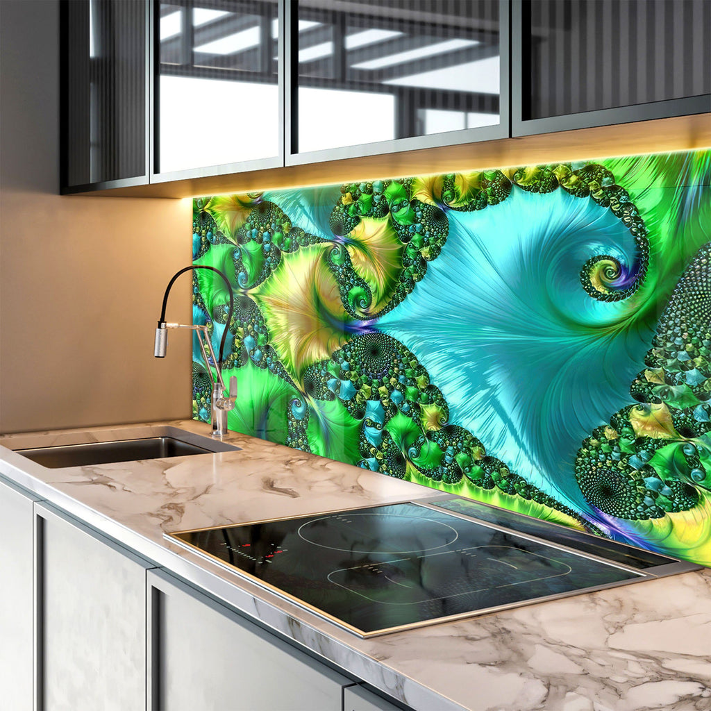 Green Fractal Tempered Glass Backsplash-BacksplashArtworks