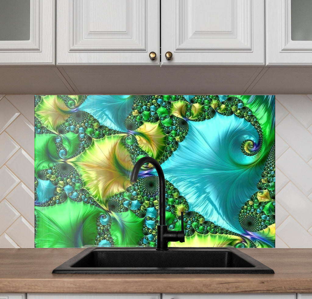 Green Fractal Tempered Glass Backsplash-BacksplashArtworks