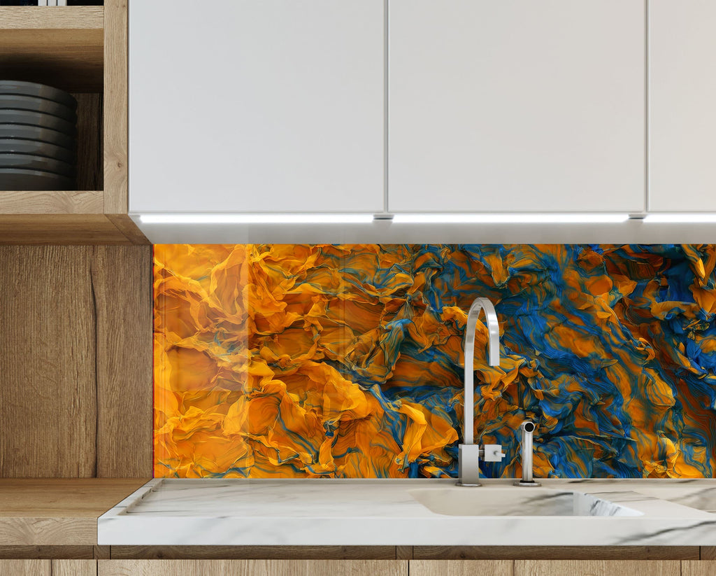 Golden & Blue Marble Waves - Glass Kitchen Backsplash-BacksplashArtworks