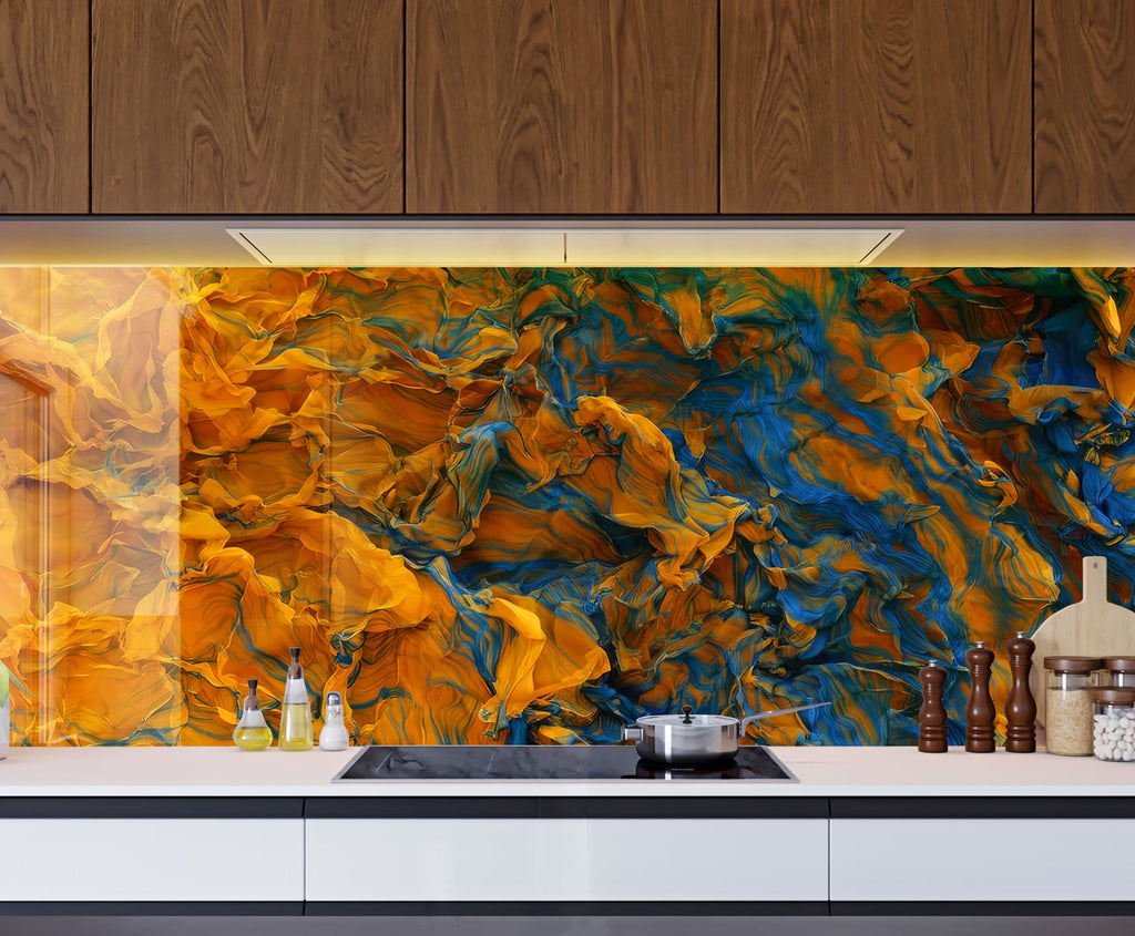 Golden & Blue Marble Waves - Glass Kitchen Backsplash-BacksplashArtworks