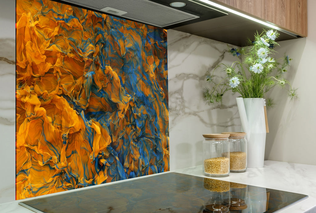 Golden & Blue Marble Waves - Glass Kitchen Backsplash-BacksplashArtworks