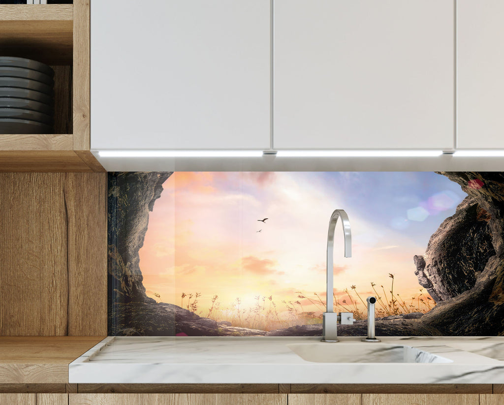 Golden Sunset View - Glass Kitchen Backsplash-BacksplashArtworks