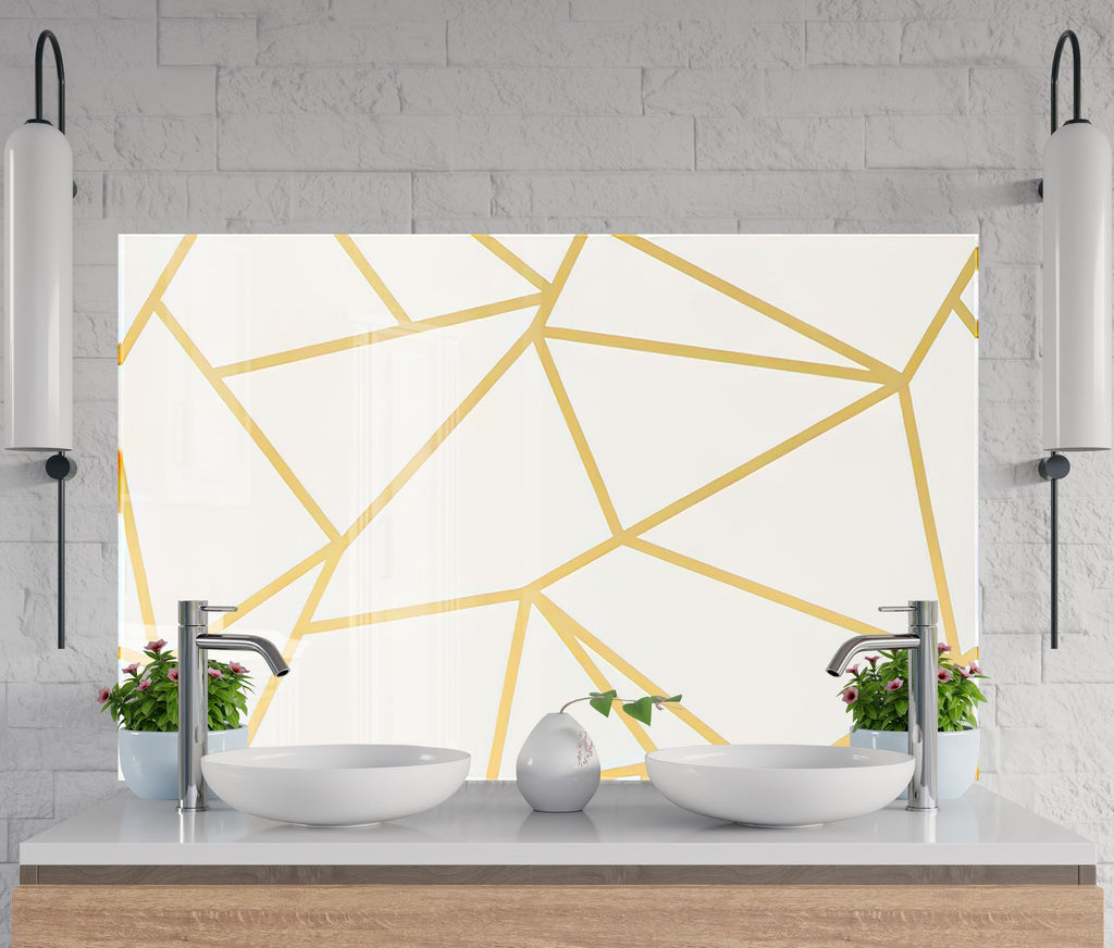 Gold Geometric Lines - Glass Kitchen Backsplash-BacksplashArtworks