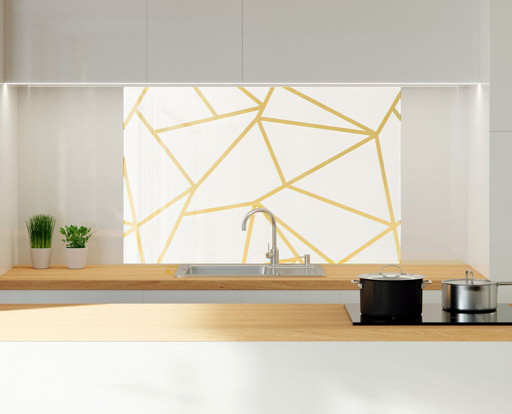 Gold Geometric Lines - Glass Kitchen Backsplash-BacksplashArtworks