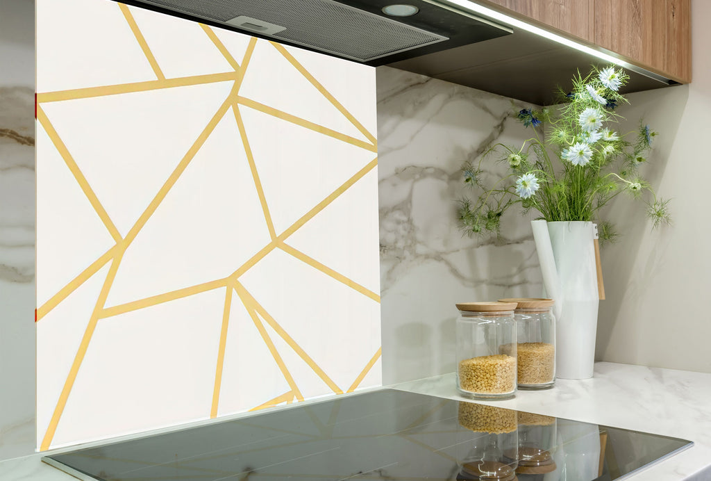 Gold Geometric Lines - Glass Kitchen Backsplash-BacksplashArtworks