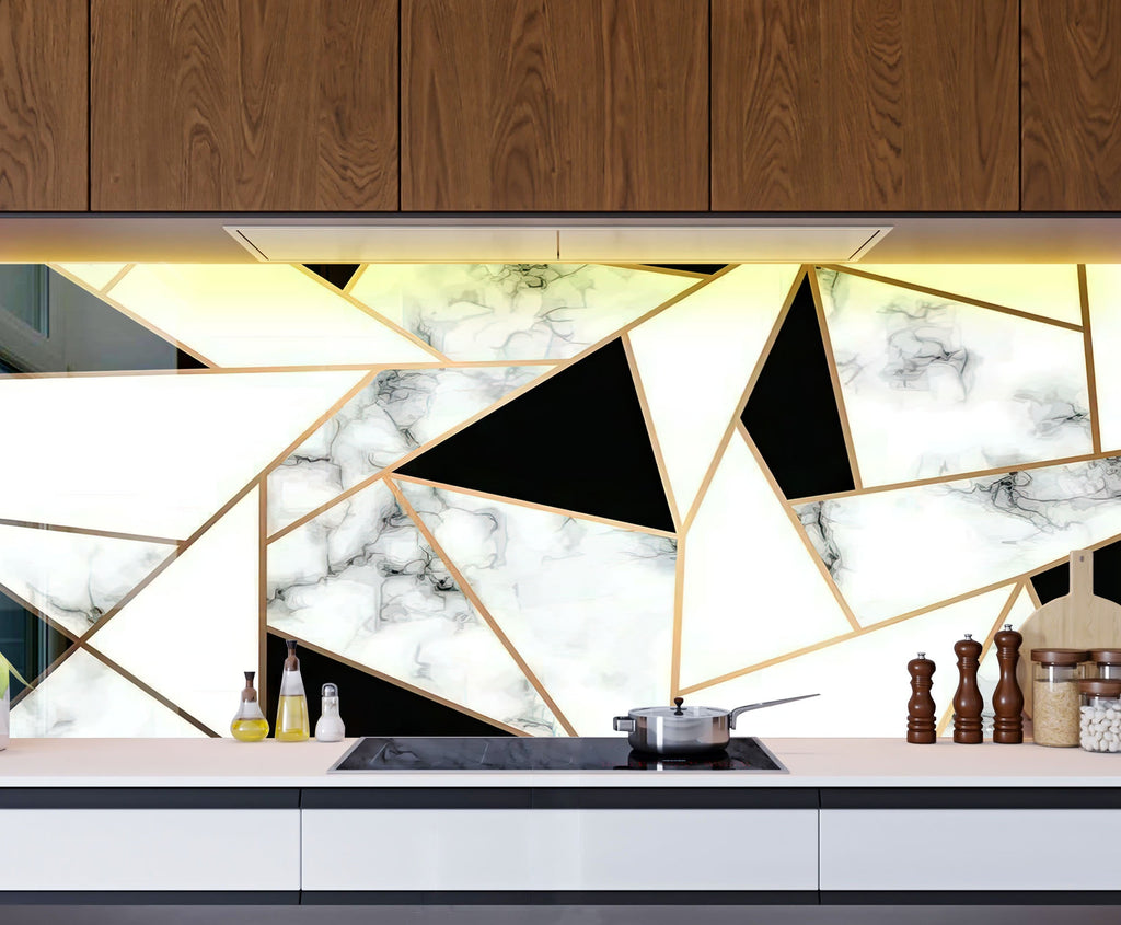 Geometric Marble & Gold - Glass Kitchen Backsplash-BacksplashArtworks