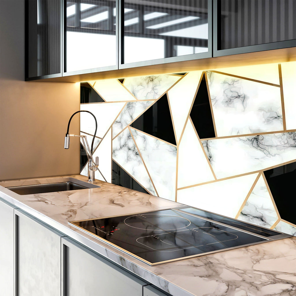 Geometric Marble & Gold - Glass Kitchen Backsplash-BacksplashArtworks