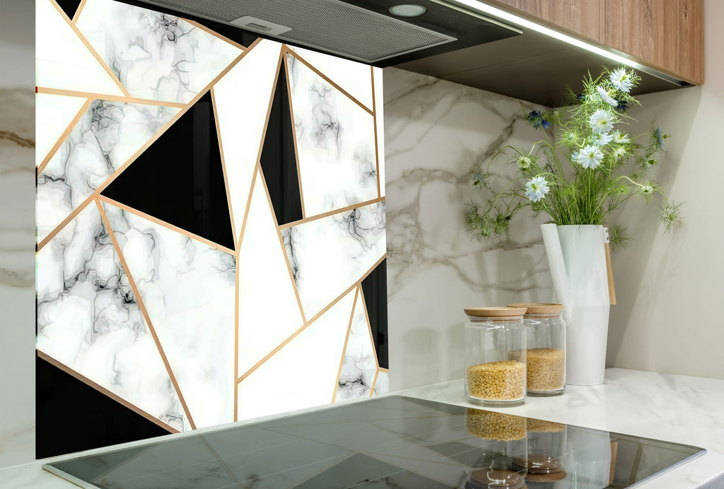 Geometric Marble & Gold - Glass Kitchen Backsplash-BacksplashArtworks