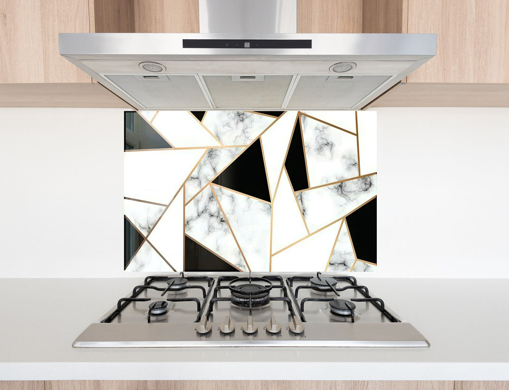 Geometric Marble & Gold - Glass Kitchen Backsplash-BacksplashArtworks