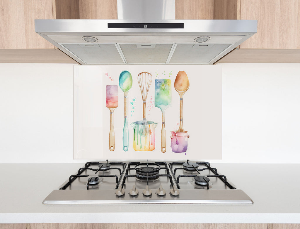 Watercolor Kitchen Utensils – Glass Kitchen Backsplash-BacksplashArtworks