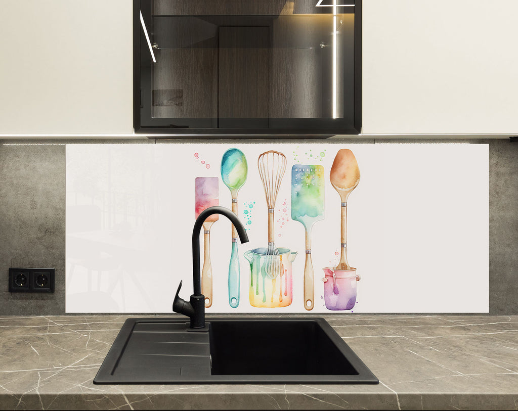 Watercolor Kitchen Utensils – Glass Kitchen Backsplash-BacksplashArtworks