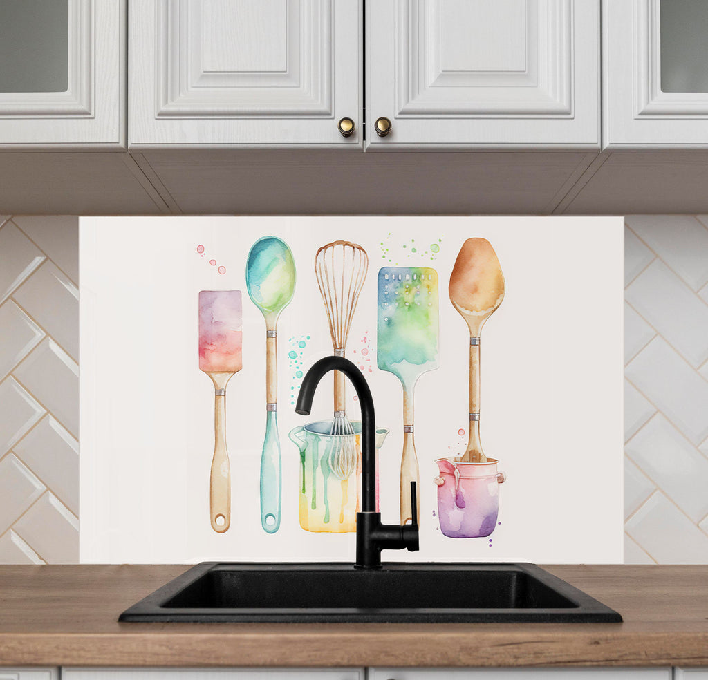 Watercolor Kitchen Utensils – Glass Kitchen Backsplash-BacksplashArtworks