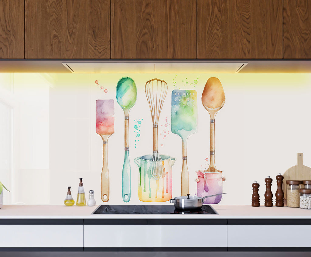 Watercolor Kitchen Utensils – Glass Kitchen Backsplash-BacksplashArtworks