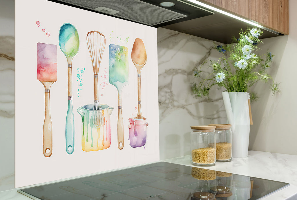 Watercolor Kitchen Utensils – Glass Kitchen Backsplash-BacksplashArtworks