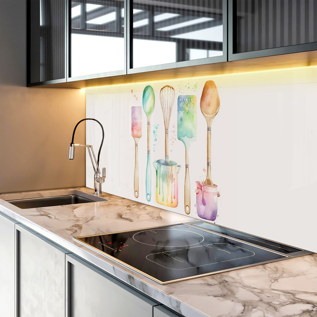Watercolor Kitchen Utensils – Glass Kitchen Backsplash-BacksplashArtworks
