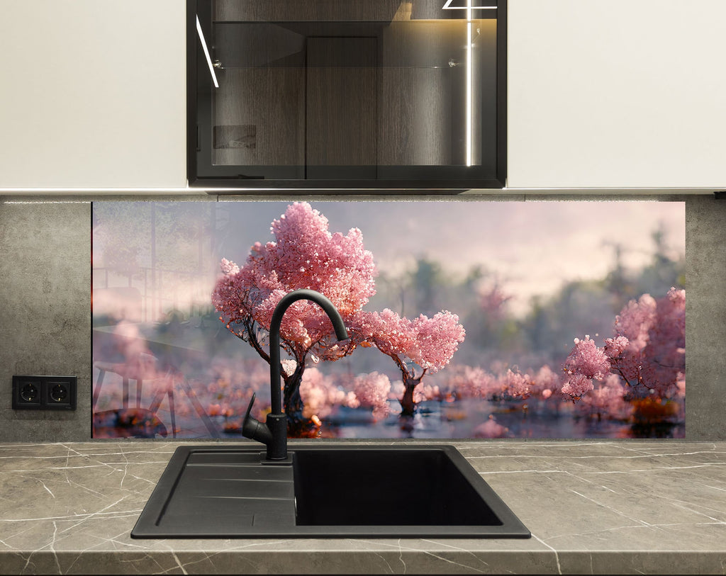 Cherry Blossom Dream Wall Art - Tempered Glass Kitchen Backsplash-BacksplashArtworks