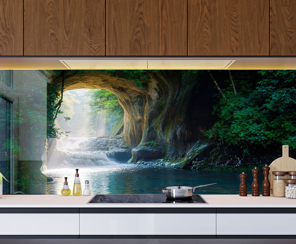 Mystical Forest Waterfall Wall Art - Tempered Glass Kitchen Backsplash-BacksplashArtworks