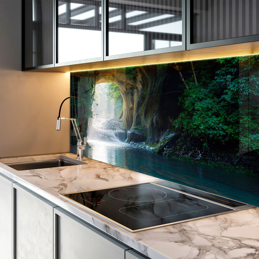 Mystical Forest Waterfall Wall Art - Tempered Glass Kitchen Backsplash-BacksplashArtworks