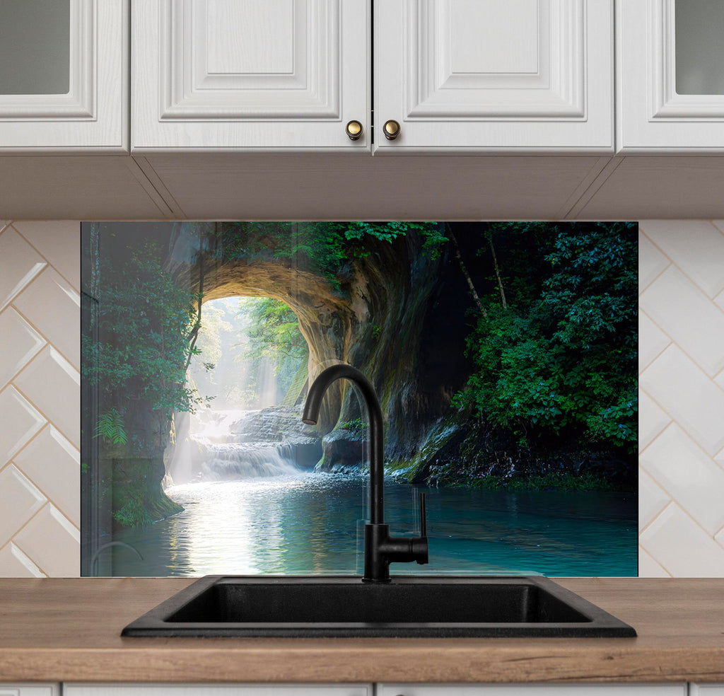 Mystical Forest Waterfall Wall Art - Tempered Glass Kitchen Backsplash-BacksplashArtworks