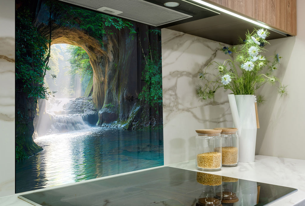 Mystical Forest Waterfall Wall Art - Tempered Glass Kitchen Backsplash-BacksplashArtworks