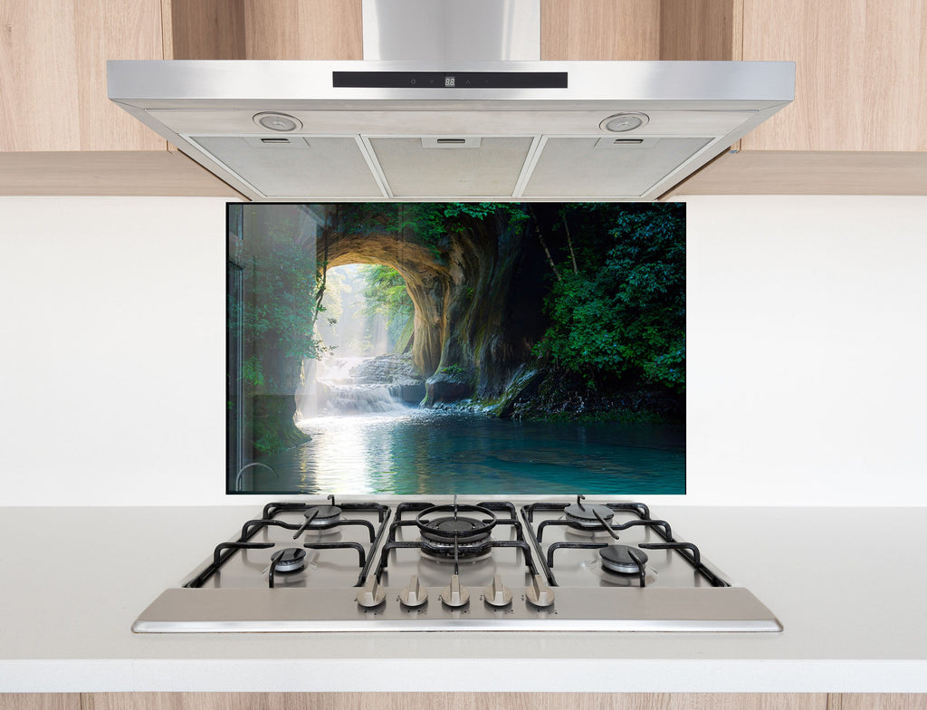 Mystical Forest Waterfall Wall Art - Tempered Glass Kitchen Backsplash-BacksplashArtworks