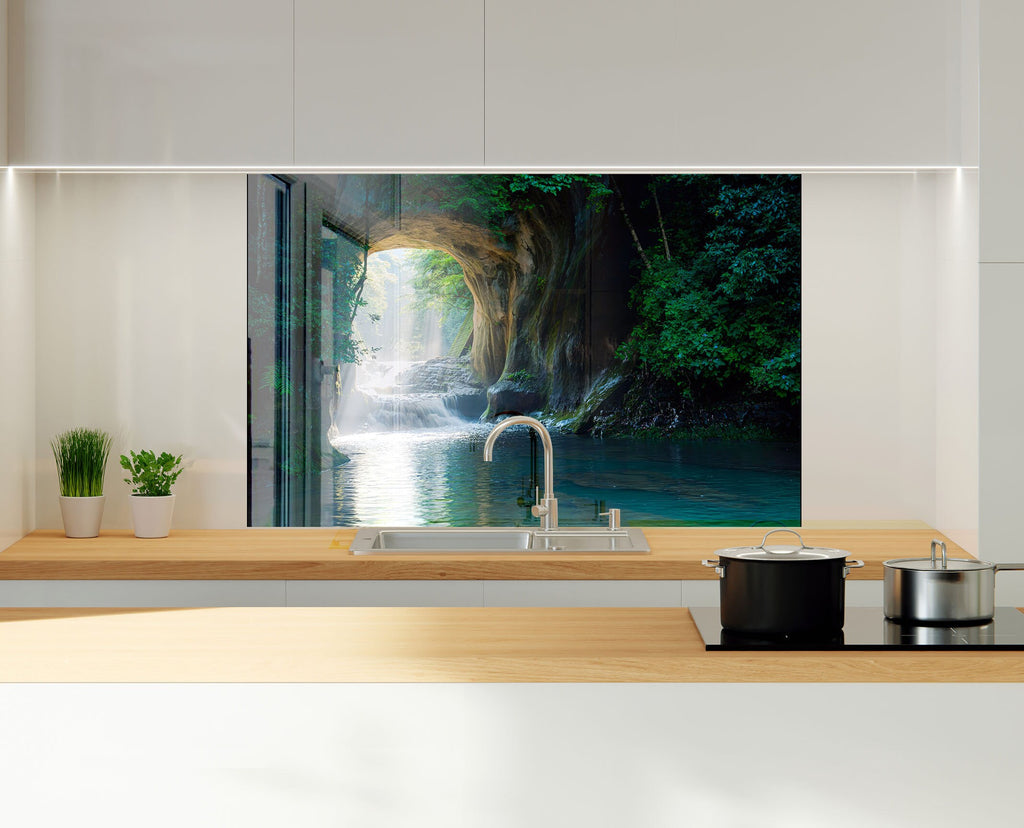 Mystical Forest Waterfall Wall Art - Tempered Glass Kitchen Backsplash-BacksplashArtworks