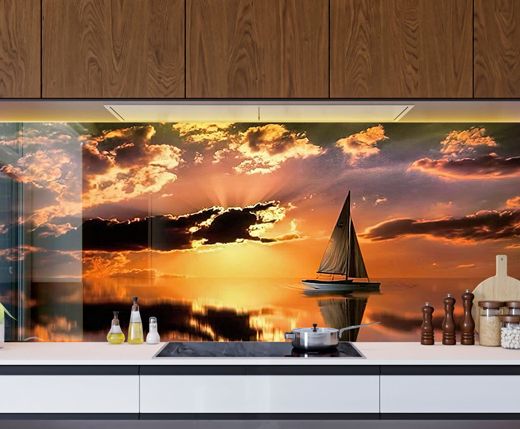 Golden Sunset Sail - Tempered Glass Kitchen Backsplash-BacksplashArtworks