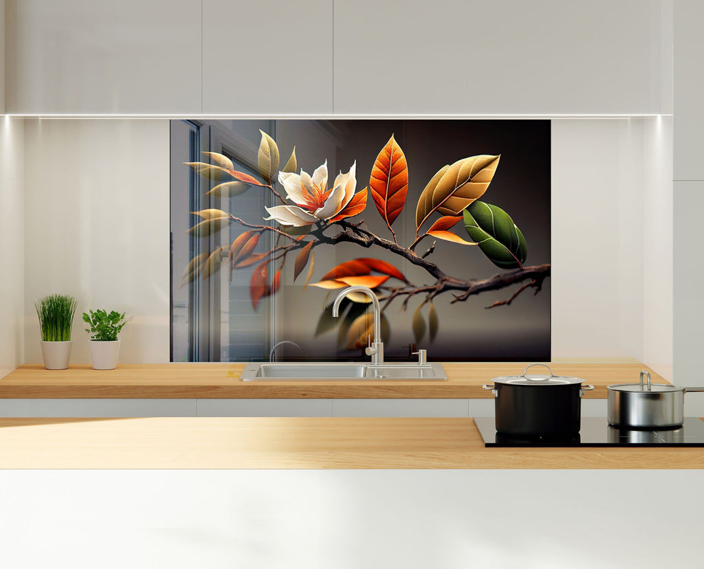 Autumn Magnolia Harmony - Glass Kitchen Backsplash-BacksplashArtworks