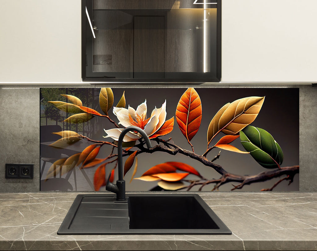Autumn Magnolia Harmony - Glass Kitchen Backsplash-BacksplashArtworks