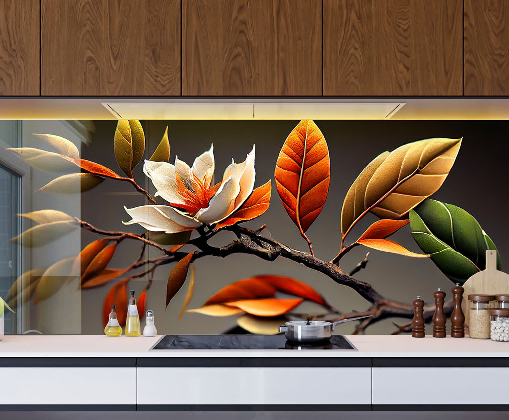 Autumn Magnolia Harmony - Glass Kitchen Backsplash-BacksplashArtworks
