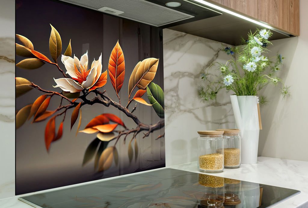 Autumn Magnolia Harmony - Glass Kitchen Backsplash-BacksplashArtworks