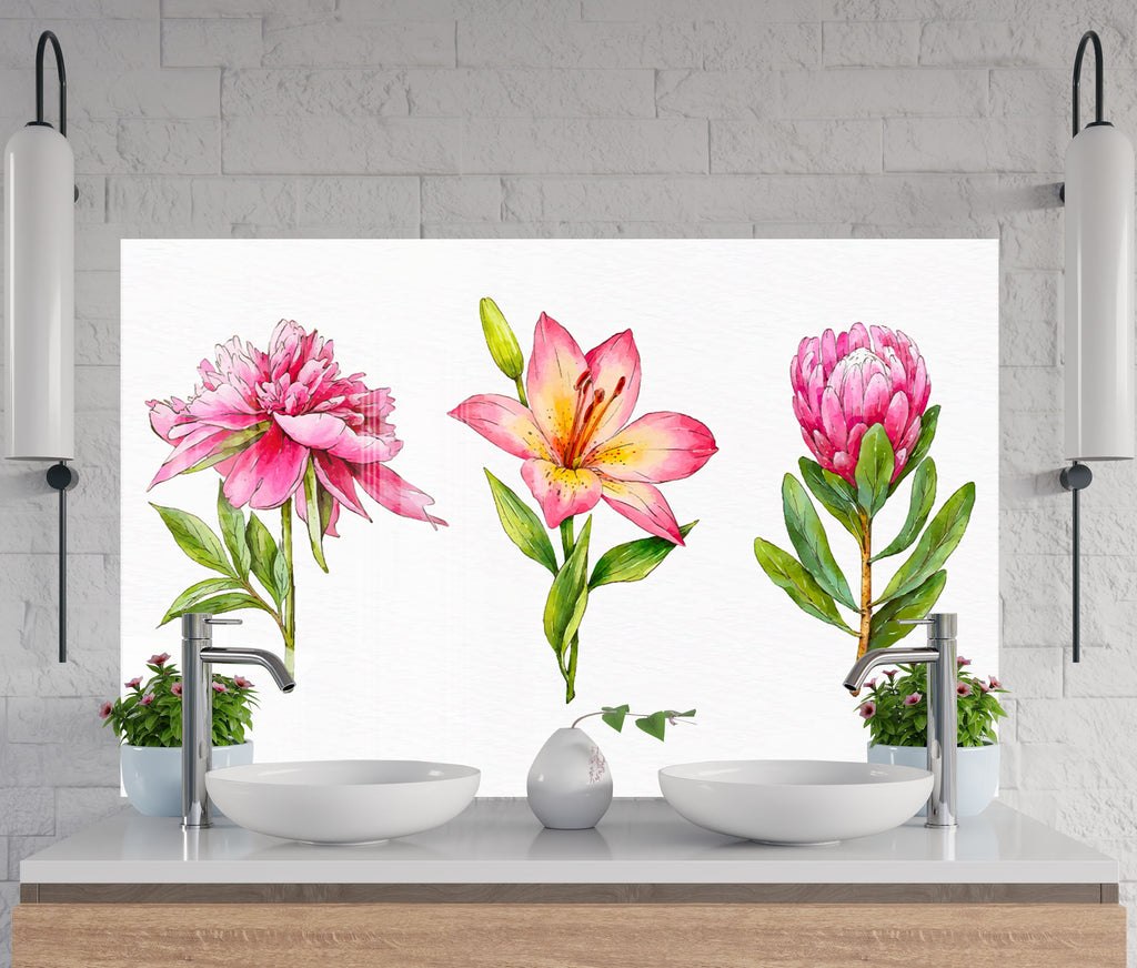 Blooming Pink Trio - Glass Kitchen Backsplash-BacksplashArtworks