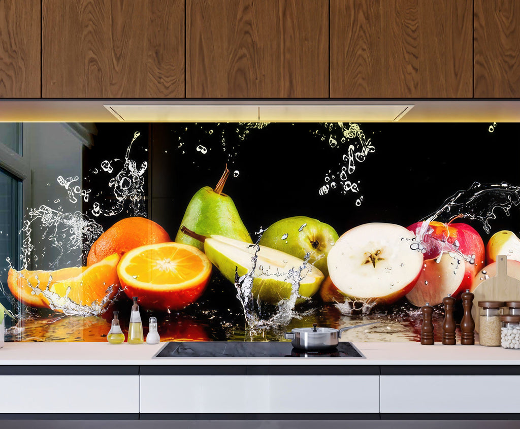 Fresh Fruit Splash Glass Kitchen Backsplash – Vibrant Citrus & Apple Design-BacksplashArtworks