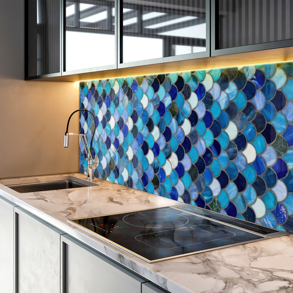 Blue Tile Tempered Glass Backsplash-BacksplashArtworks