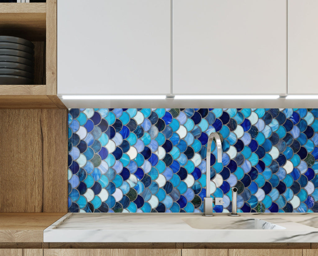 Blue Tile Tempered Glass Backsplash-BacksplashArtworks