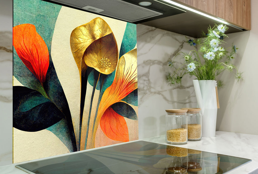 Golden Abstract Flora - Glass Kitchen Backsplash-BacksplashArtworks