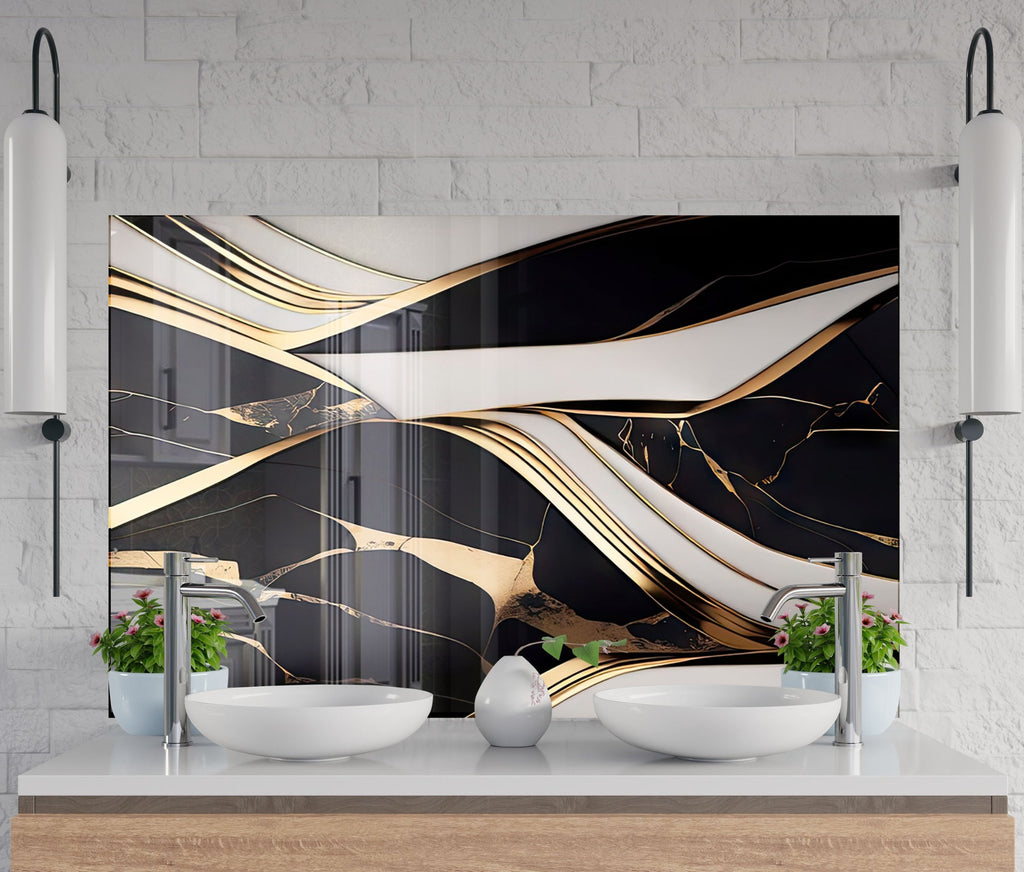 Black & Gold Marble Flow - Glass Kitchen Backsplash-BacksplashArtworks