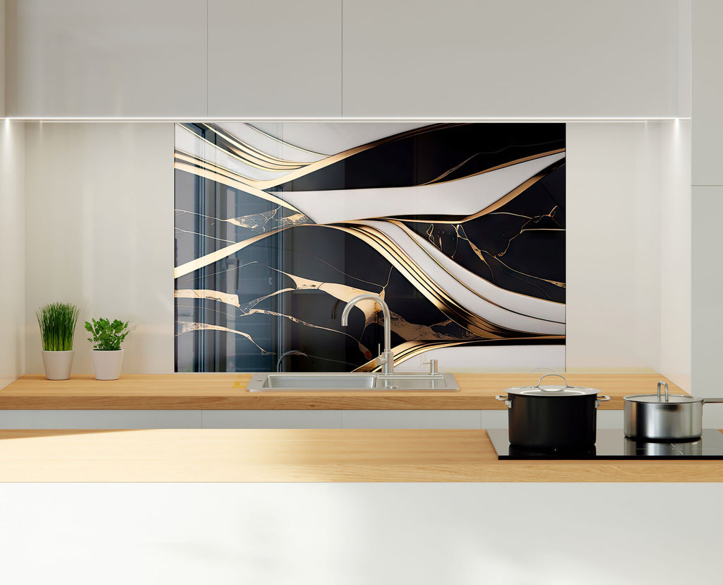Black & Gold Marble Flow - Glass Kitchen Backsplash-BacksplashArtworks