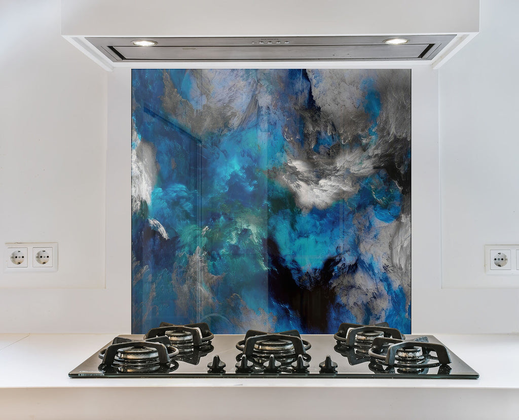 Blue & Black Marble Swirls - Glass Kitchen Backsplash-BacksplashArtworks