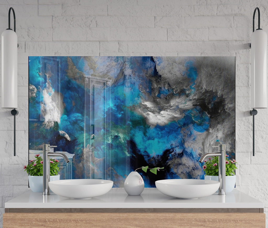 Blue & Black Marble Swirls - Glass Kitchen Backsplash-BacksplashArtworks