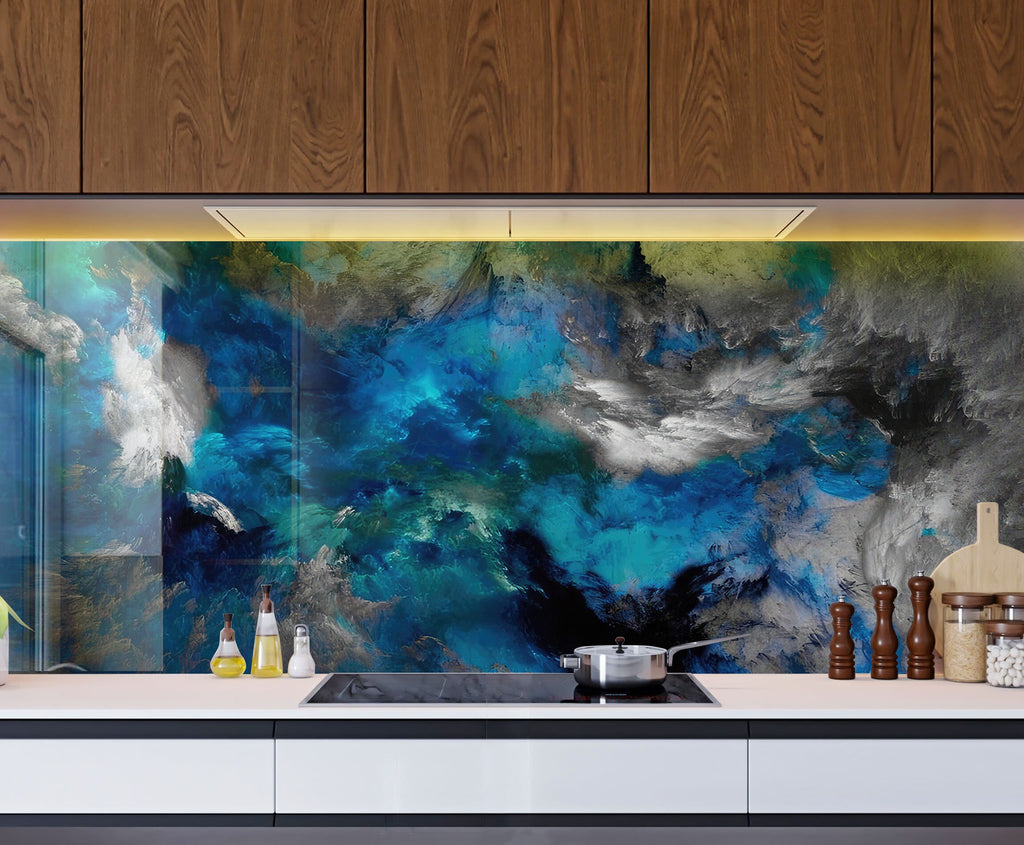 Blue & Black Marble Swirls - Glass Kitchen Backsplash-BacksplashArtworks