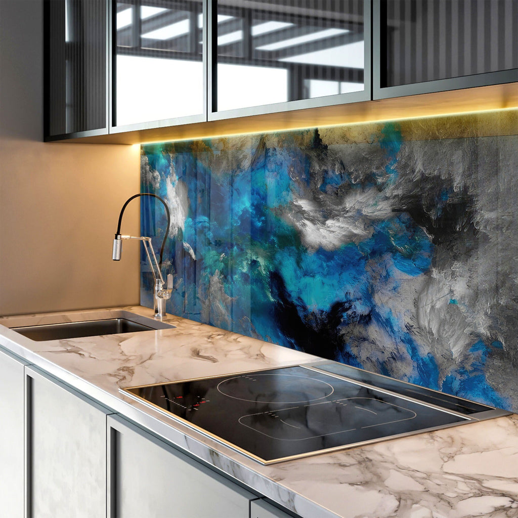 Blue & Black Marble Swirls - Glass Kitchen Backsplash-BacksplashArtworks