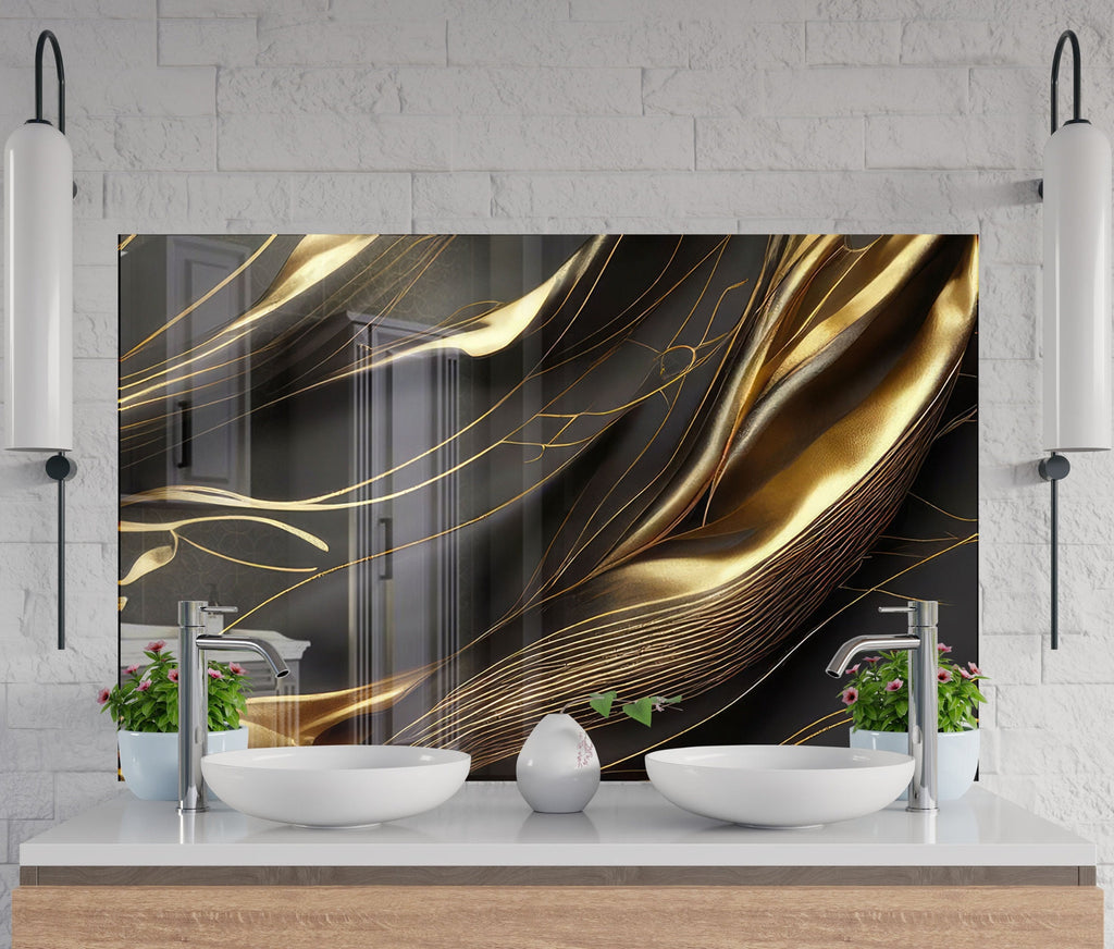 Golden Silk Flow - Glass Kitchen Backsplash-BacksplashArtworks