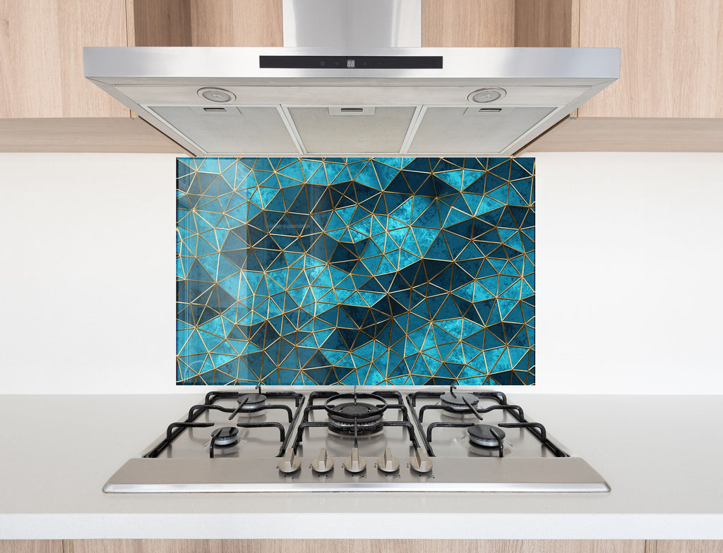 Geometric Blue & Gold - Glass Kitchen Backsplash-BacksplashArtworks