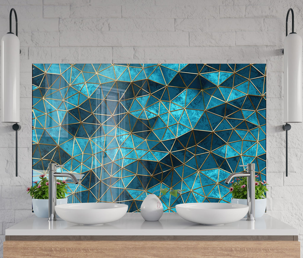 Geometric Blue & Gold - Glass Kitchen Backsplash-BacksplashArtworks